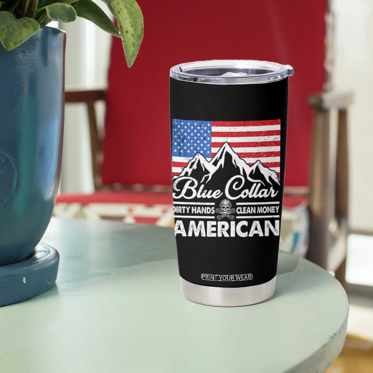 Blue Collar American Tumbler Cup Dirty Hands Clean Money Vintage American Flag Mountain TS11 Print Your Wear