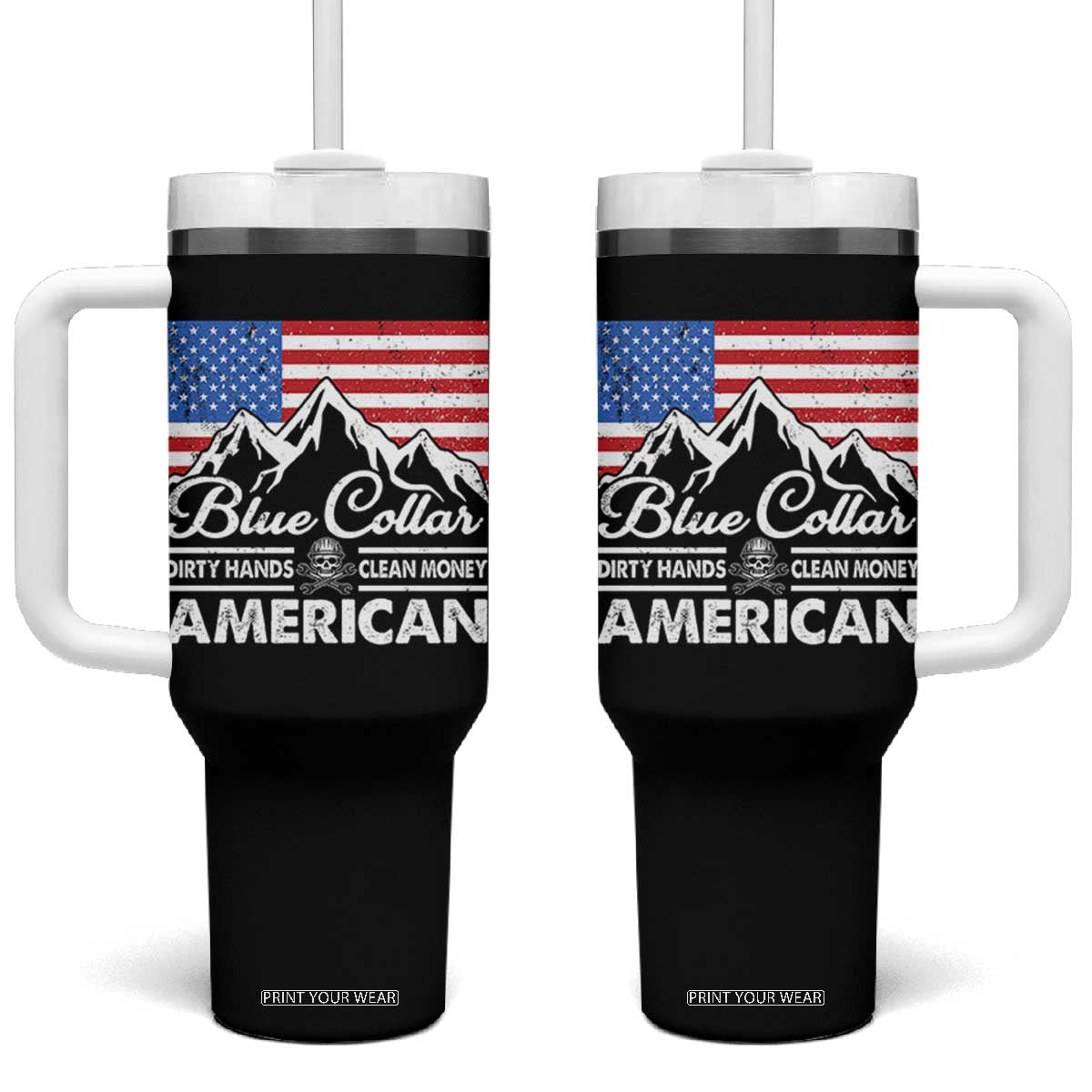 Blue Collar American Tumbler With Handle Dirty Hands Clean Money Vintage American Flag Mountain TS11 One Size: 40 oz Black Print Your Wear