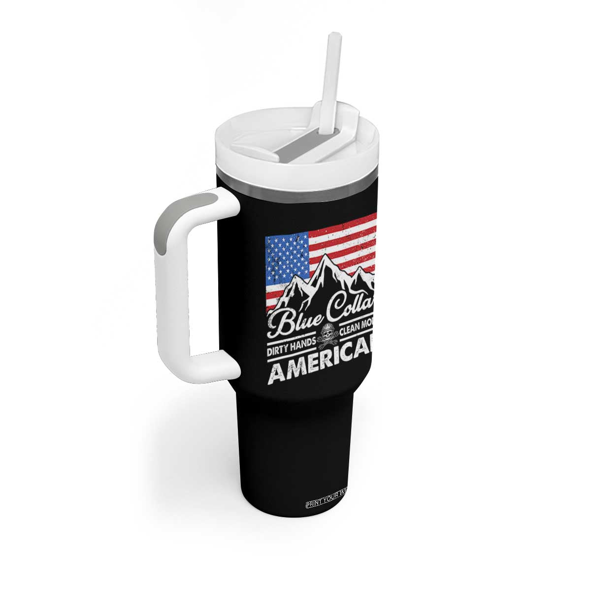 Blue Collar American Tumbler With Handle Dirty Hands Clean Money Vintage American Flag Mountain TS11 Print Your Wear