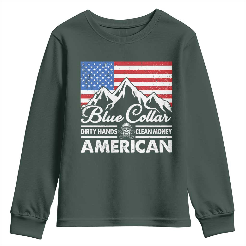Blue Collar American Youth Sweatshirt Dirty Hands Clean Money Vintage American Flag Mountain TS11 Dark Forest Green Print Your Wear