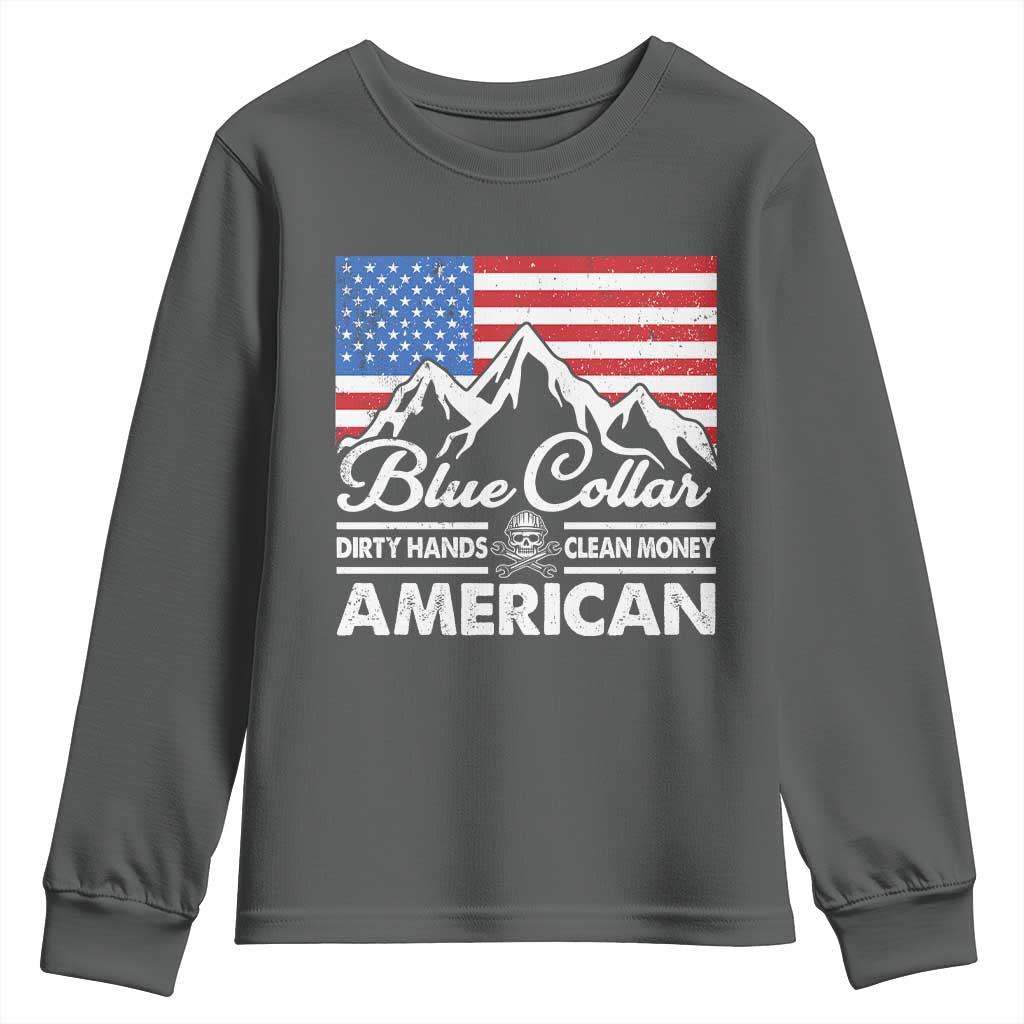 Blue Collar American Youth Sweatshirt Dirty Hands Clean Money Vintage American Flag Mountain TS11 Dark Heather Print Your Wear
