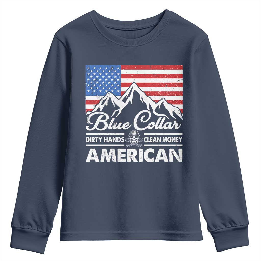 Blue Collar American Youth Sweatshirt Dirty Hands Clean Money Vintage American Flag Mountain TS11 Navy Print Your Wear