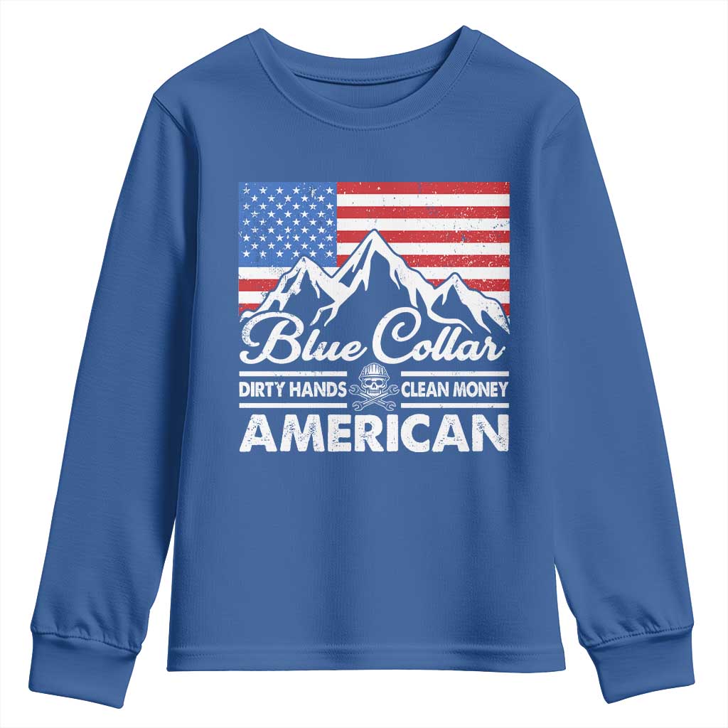 Blue Collar American Youth Sweatshirt Dirty Hands Clean Money Vintage American Flag Mountain TS11 Royal Blue Print Your Wear