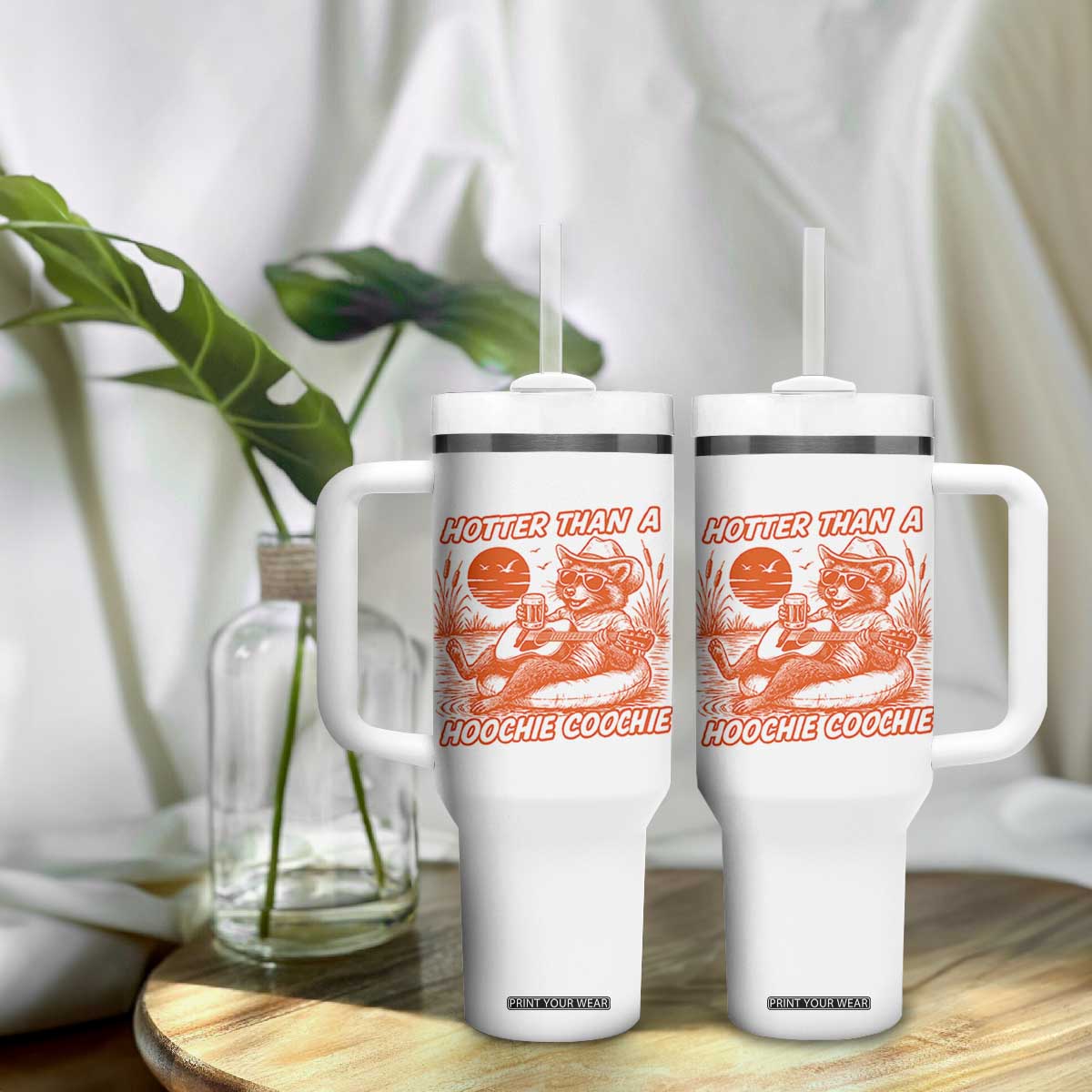Funny Hotter Than A Hoochie Coochie Tumbler With Handle Summer Racoon Music TS11 Print Your Wear