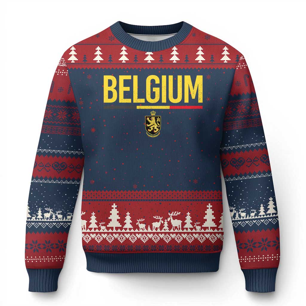 Belgium Belgian Flag Ugly Christmas Sweater Belgian Lion Coat of Arms Belgie Souvenir TS11 Navy Red Print Your Wear