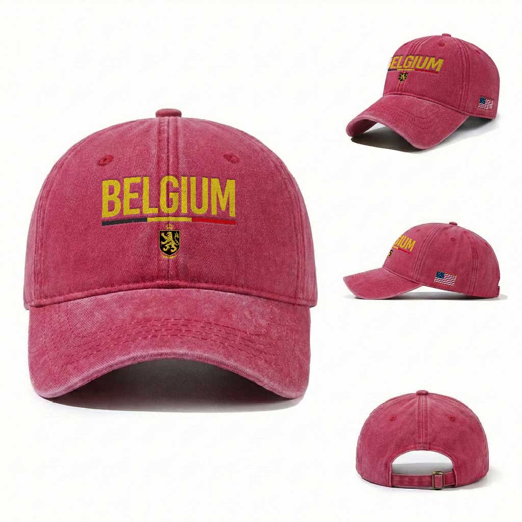 Belgium Belgian Flag Washed Cotton Baseball Cap Belgian Lion Coat of Arms Belgie Souvenir TS11 Washed Cap Universal Fit Red Print Your Wear