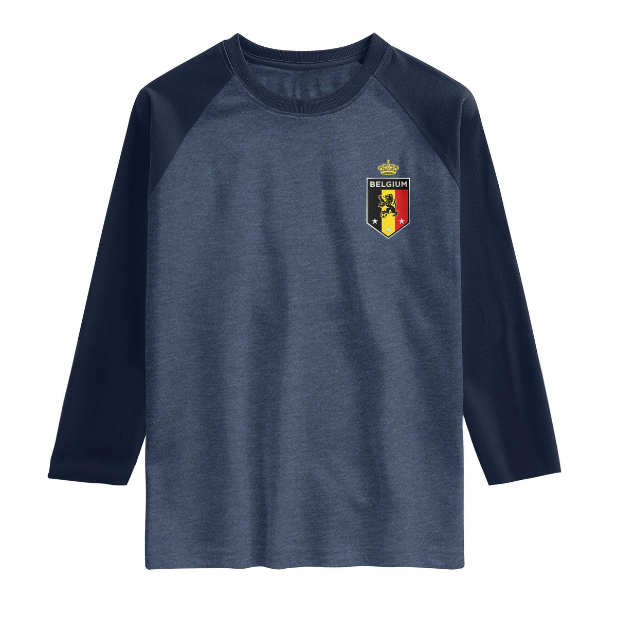 Belgium Football Crest Raglan Shirt Vintage Belgian Lion Crown Belgian Heritage TS11 Heather Denim Navy Print Your Wear