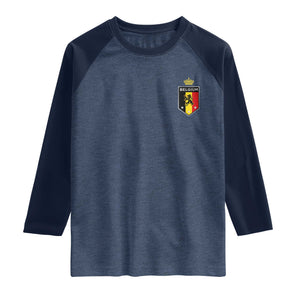 Belgium Football Crest Raglan Shirt Vintage Belgian Lion Crown Belgian Heritage TS11 Heather Denim Navy Print Your Wear