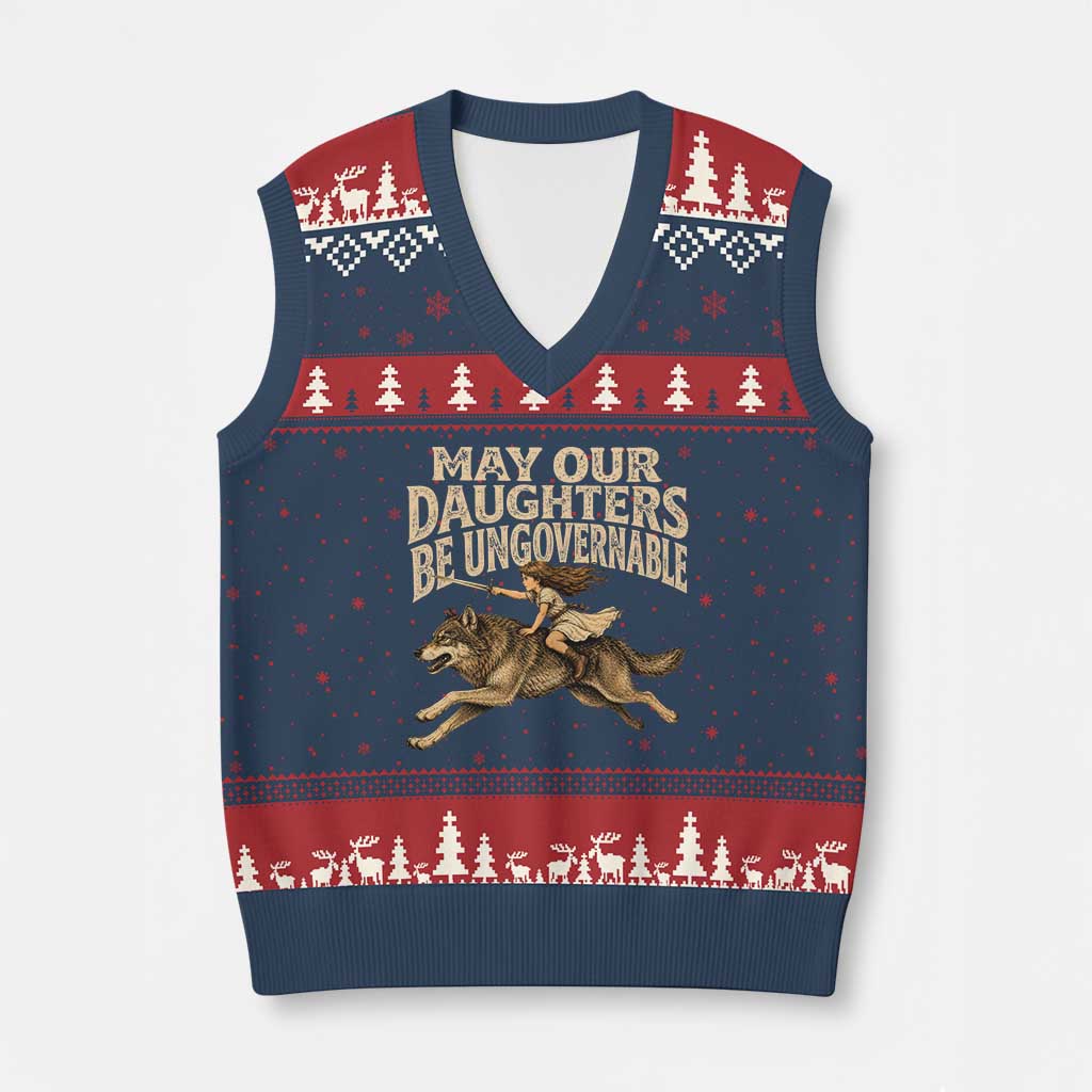 May Our Daughters Be Ungovernable Feminist Girl V-Neck Knit Sweater Vest TS11 Navy Red Print Your Wear