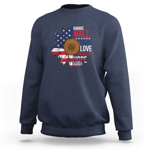 Harris Walz Supporter Sweatshirt Peace Love Equality Hope Diversity Sunflower USA Flag TS11 Navy Print Your Wear
