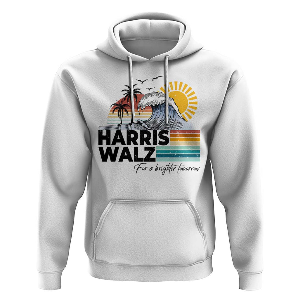 Harris Walz For A Brighter Tomorrow Hoodie Retro Sunshine Blue Wave Coconut Tree TS11 White Print Your Wear
