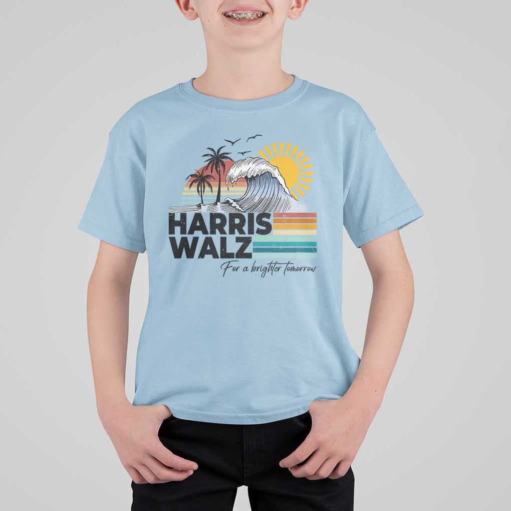 Harris Walz For A Brighter Tomorrow T Shirt For Kid Retro Sunshine Blue Wave Coconut Tree TS11 Light Blue Print Your Wear