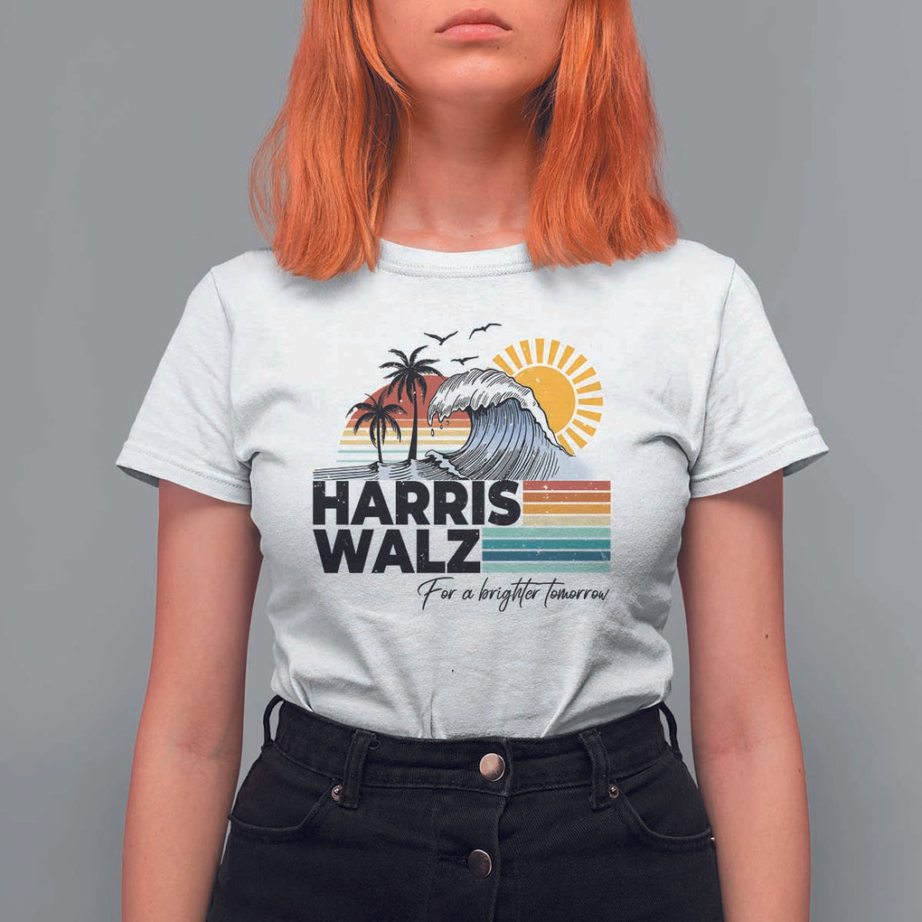 Harris Walz For A Brighter Tomorrow T Shirt For Women Retro Sunshine Blue Wave Coconut Tree TS11 White Print Your Wear