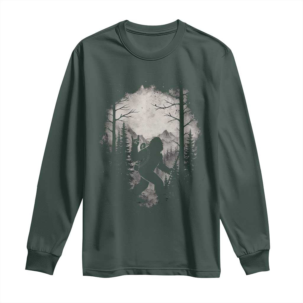 Funny Bigfoot Hiking Night Stroll Mountain Forest Long Sleeve Shirt TS11 Dark Forest Green Print Your Wear