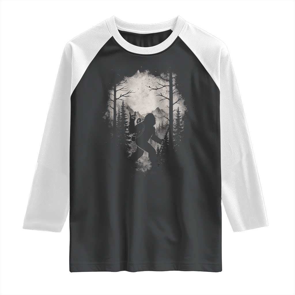 Funny Bigfoot Hiking Night Stroll Mountain Forest Raglan Shirt TS11 Black White Print Your Wear