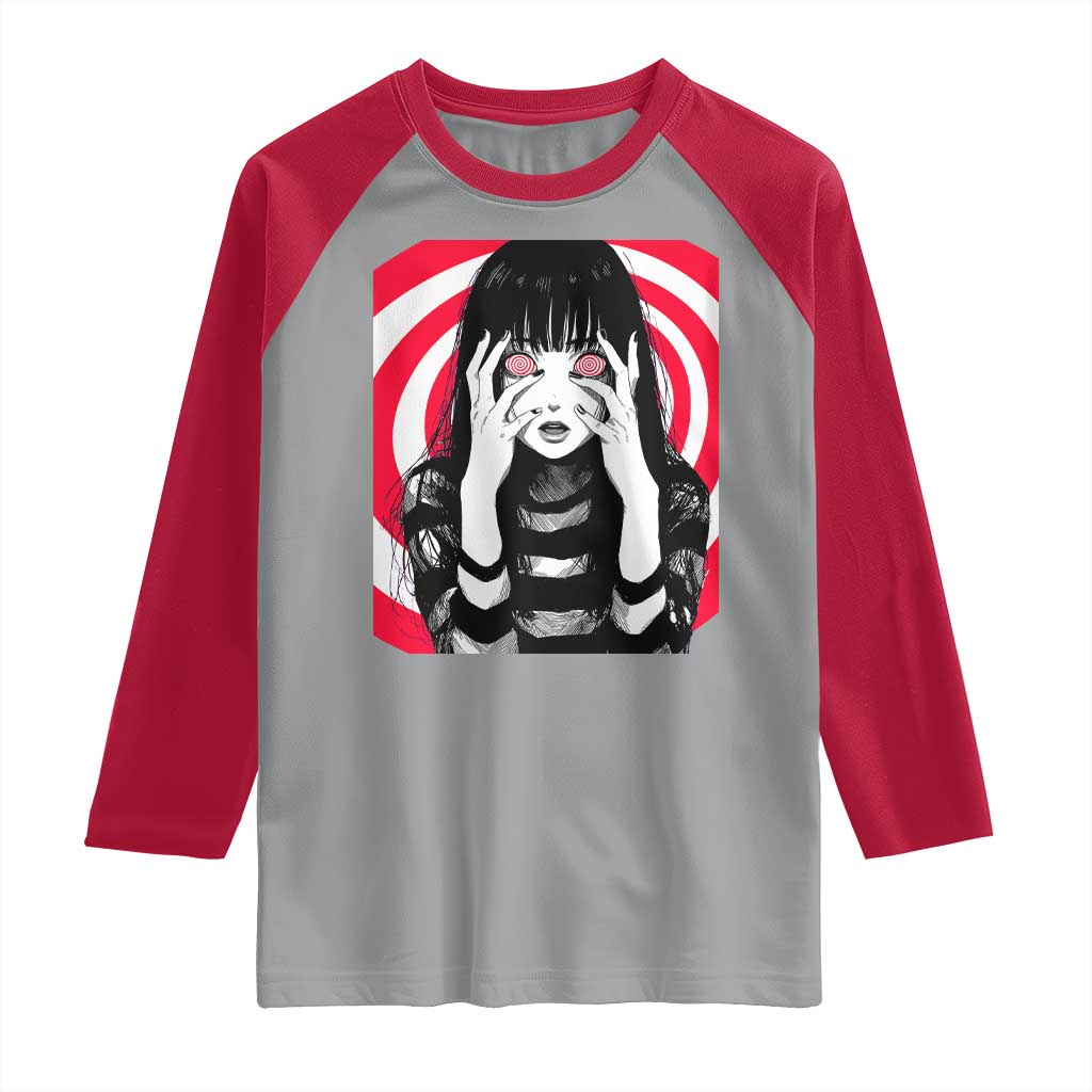 Horror Anime Manga Creepy Goth Japanese Girl Raglan Shirt TS11 Sport Gray Red Print Your Wear