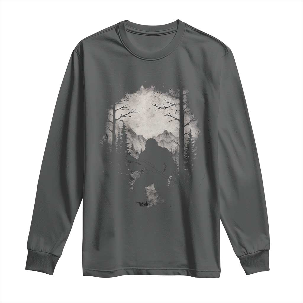 Funny Bigfoot Hunting Long Sleeve Shirt Sasquatch Wildlife Hunter Forest TS11 Dark Heather Print Your Wear