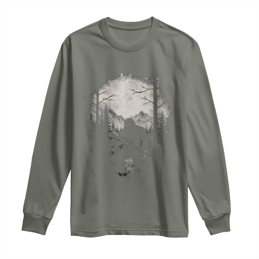 Funny Bigfoot Hunting Long Sleeve Shirt Sasquatch Wildlife Hunter Forest TS11 Military Green Print Your Wear