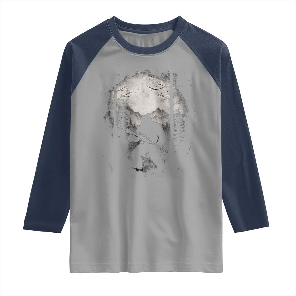Funny Bigfoot Hunting Raglan Shirt Sasquatch Wildlife Hunter Forest TS11 Sport Gray Navy Print Your Wear