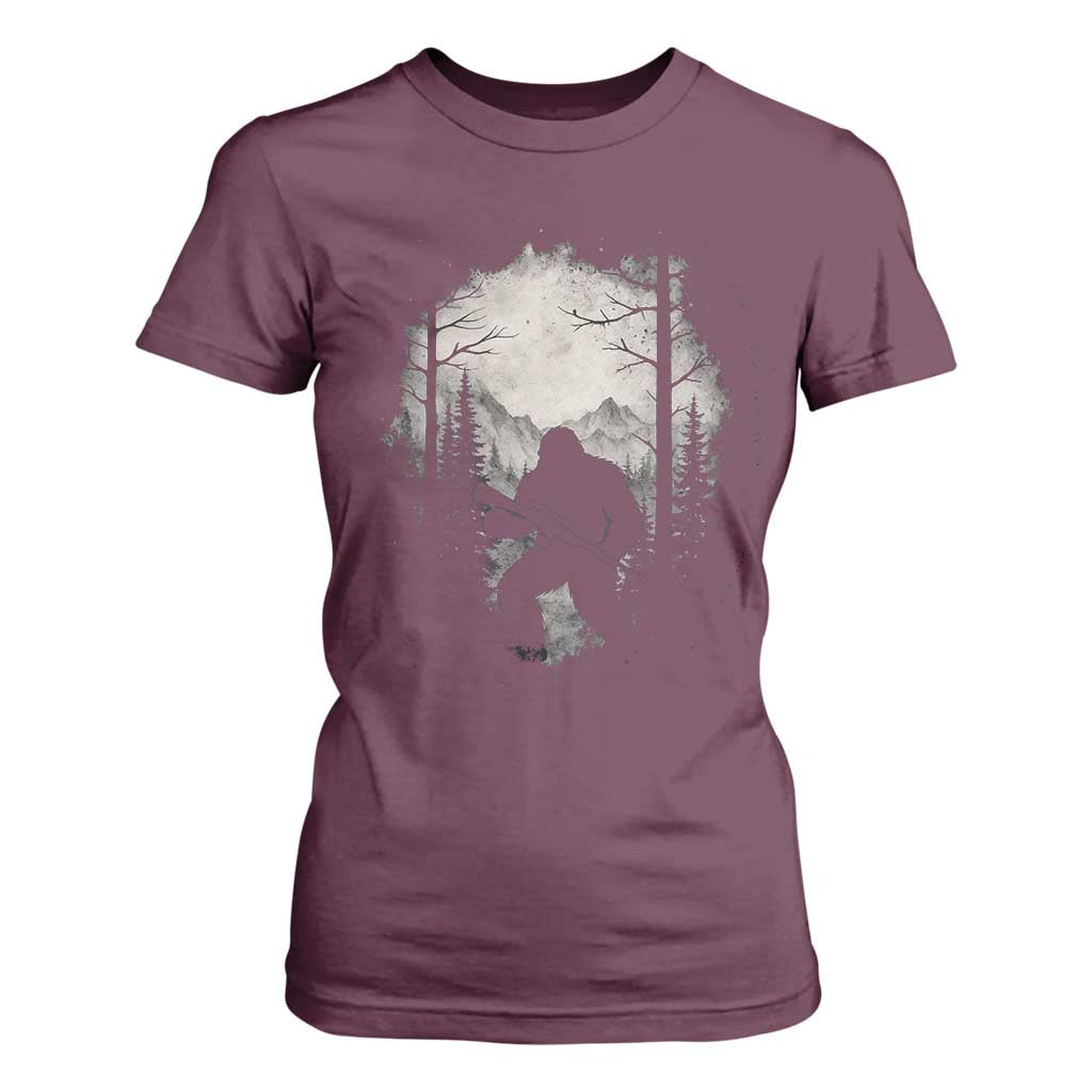 Funny Bigfoot Hunting T Shirt For Women Sasquatch Wildlife Hunter Forest TS11 Maroon Print Your Wear