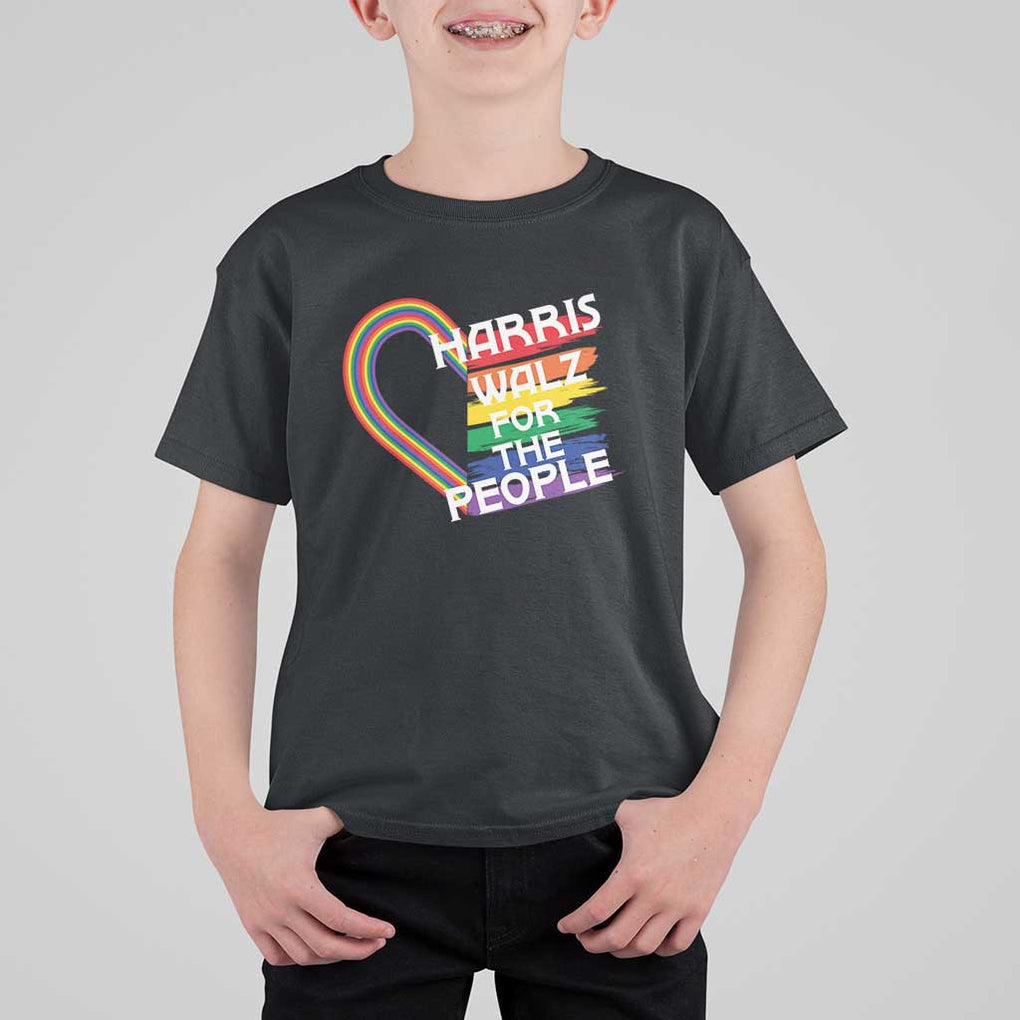 Kamala Walz Supporter T Shirt For Kid Harris Walz For The People Rainbow LGBT Flag Heart TS11 Black Print Your Wear
