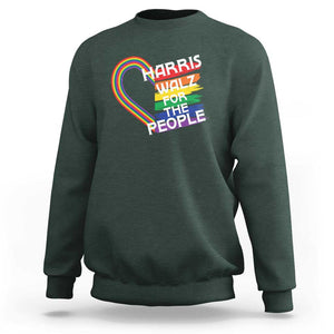 Kamala Walz Supporter Sweatshirt Harris Walz For The People Rainbow LGBT Flag Heart TS11 Dark Forest Green Print Your Wear