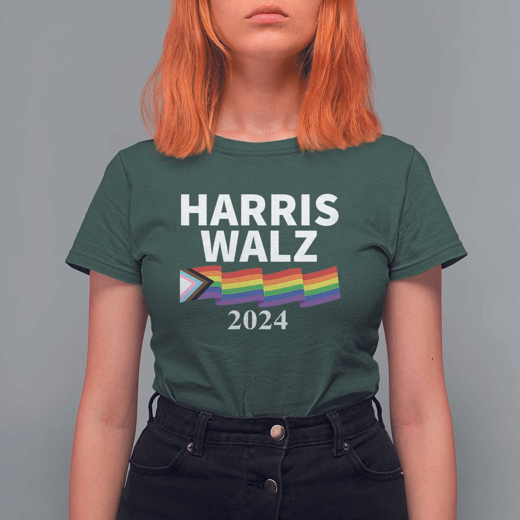 Harris Walz T Shirt For Women LGBT Rainbow Flag Presidential Election 2024 TS11 Dark Forest Green Print Your Wear
