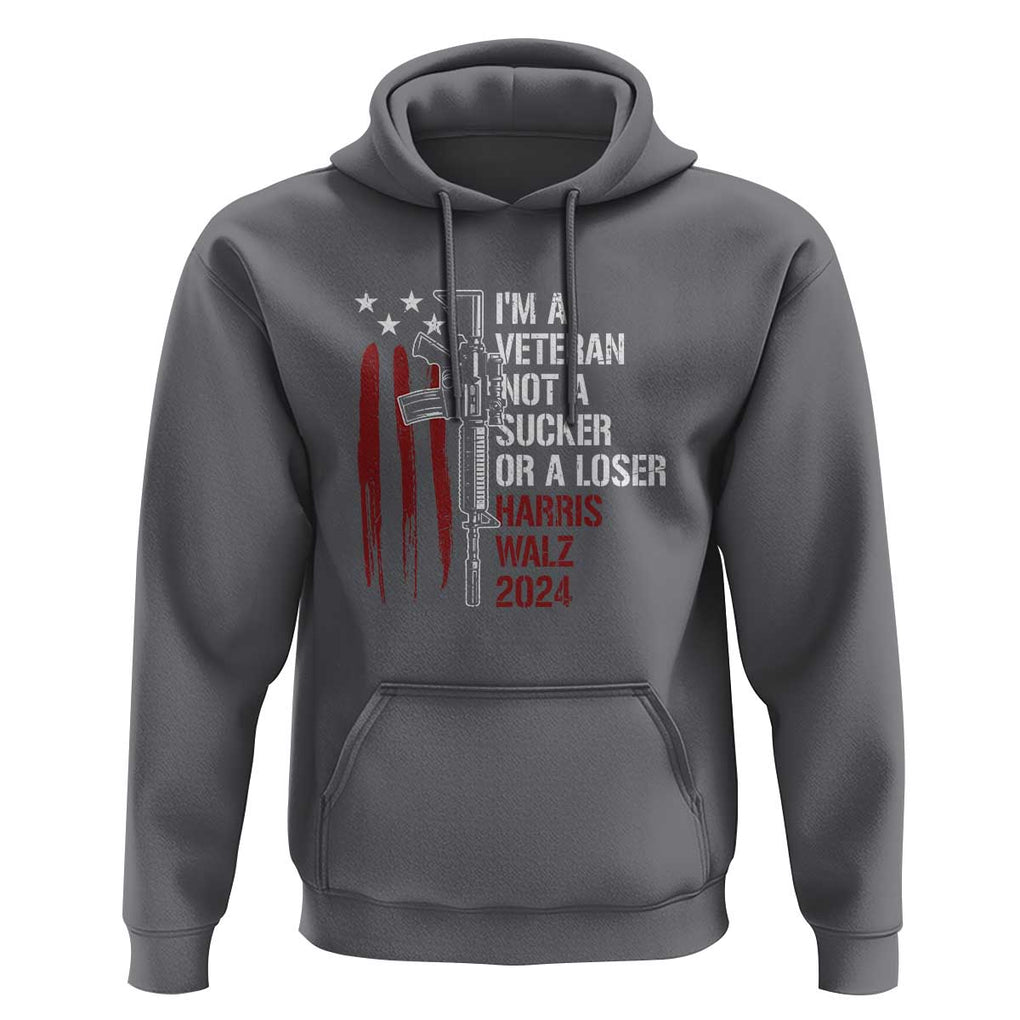 Harris Walz 2024 Hoodie I'm A Veteran Not A Sucker Or A Loser American Flag Gun TS11 Charcoal Print Your Wear