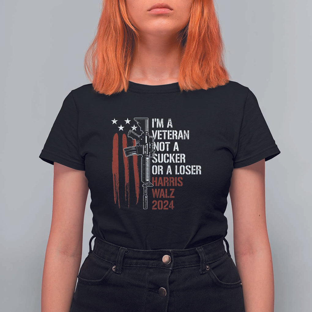 Harris Walz 2024 T Shirt For Women I'm A Veteran Not A Sucker Or A Loser American Flag Gun TS11 Black Print Your Wear