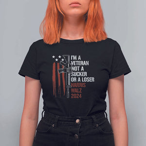 Harris Walz 2024 T Shirt For Women I'm A Veteran Not A Sucker Or A Loser American Flag Gun TS11 Black Print Your Wear