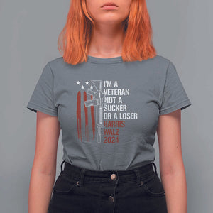 Harris Walz 2024 T Shirt For Women I'm A Veteran Not A Sucker Or A Loser American Flag Gun TS11 Charcoal Print Your Wear