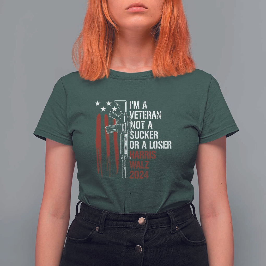 Harris Walz 2024 T Shirt For Women I'm A Veteran Not A Sucker Or A Loser American Flag Gun TS11 Dark Forest Green Print Your Wear