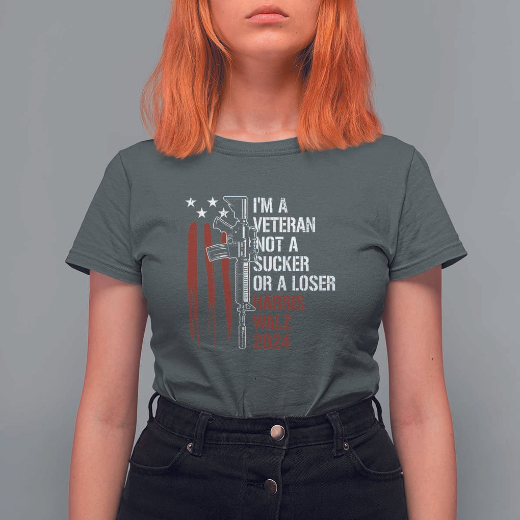 Harris Walz 2024 T Shirt For Women I'm A Veteran Not A Sucker Or A Loser American Flag Gun TS11 Dark Heather Print Your Wear