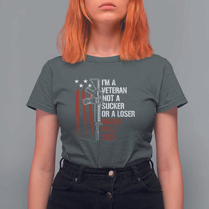 Harris Walz 2024 T Shirt For Women I'm A Veteran Not A Sucker Or A Loser American Flag Gun TS11 Dark Heather Print Your Wear