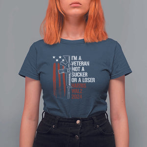Harris Walz 2024 T Shirt For Women I'm A Veteran Not A Sucker Or A Loser American Flag Gun TS11 Navy Print Your Wear