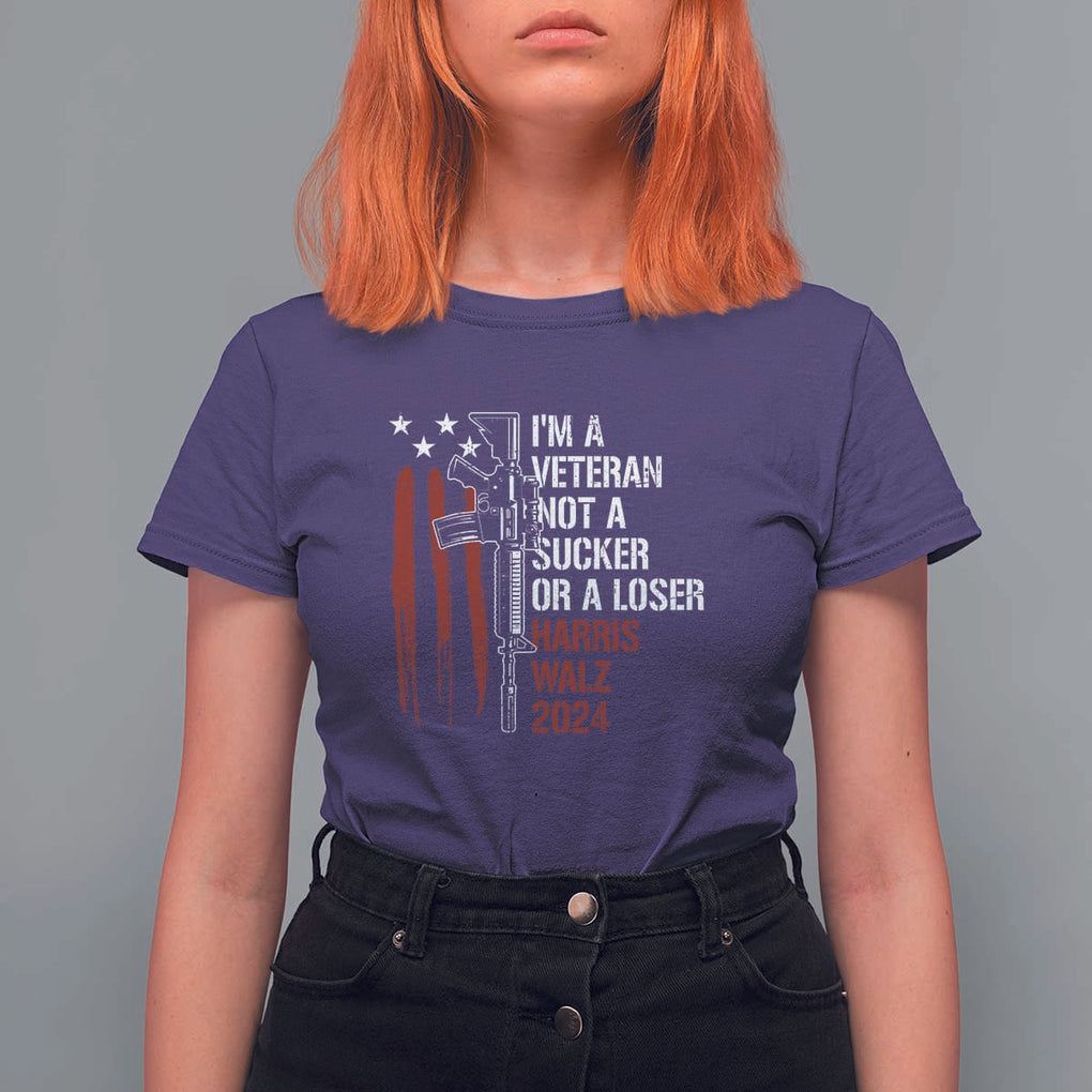 Harris Walz 2024 T Shirt For Women I'm A Veteran Not A Sucker Or A Loser American Flag Gun TS11 Purple Print Your Wear