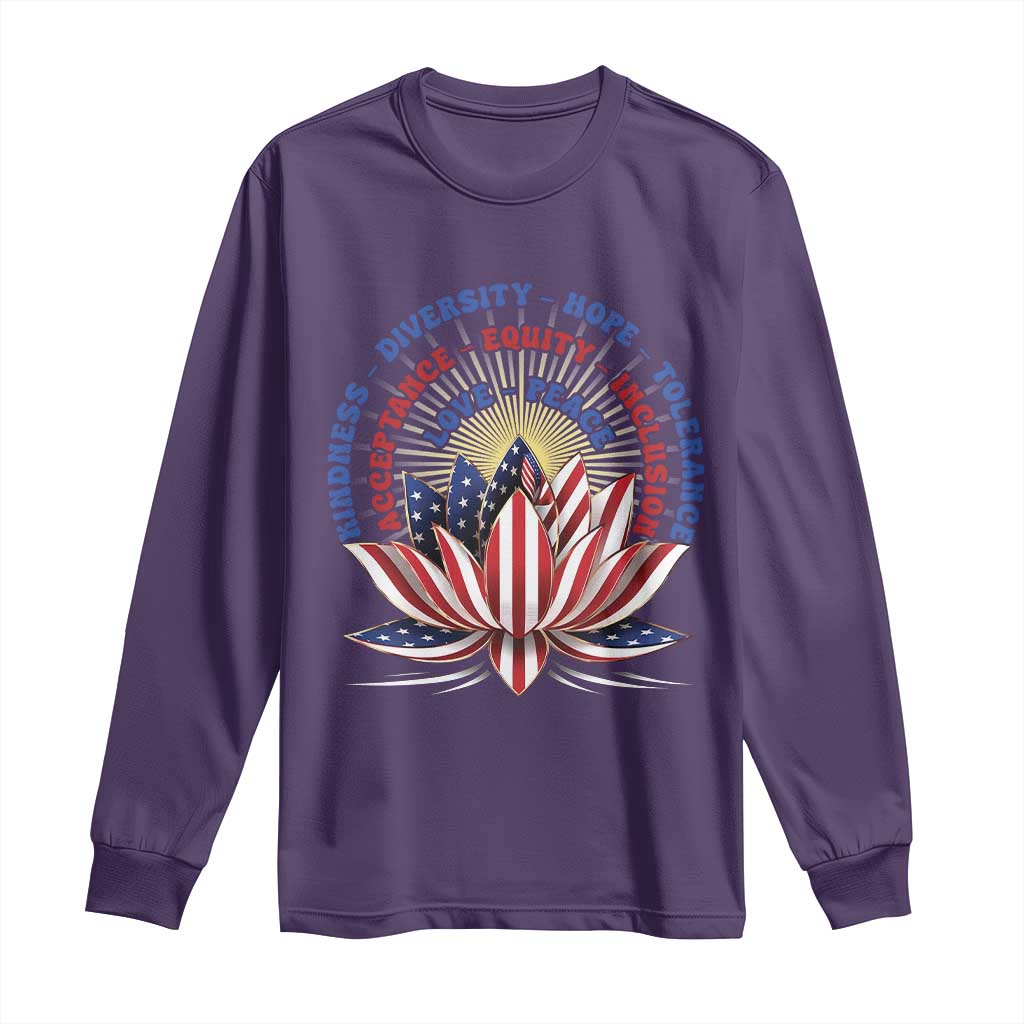 Harris Supporter Long Sleeve Shirt Lotus Kamala Kindness Diversity Hope Tolerance TS11 Purple Print Your Wear
