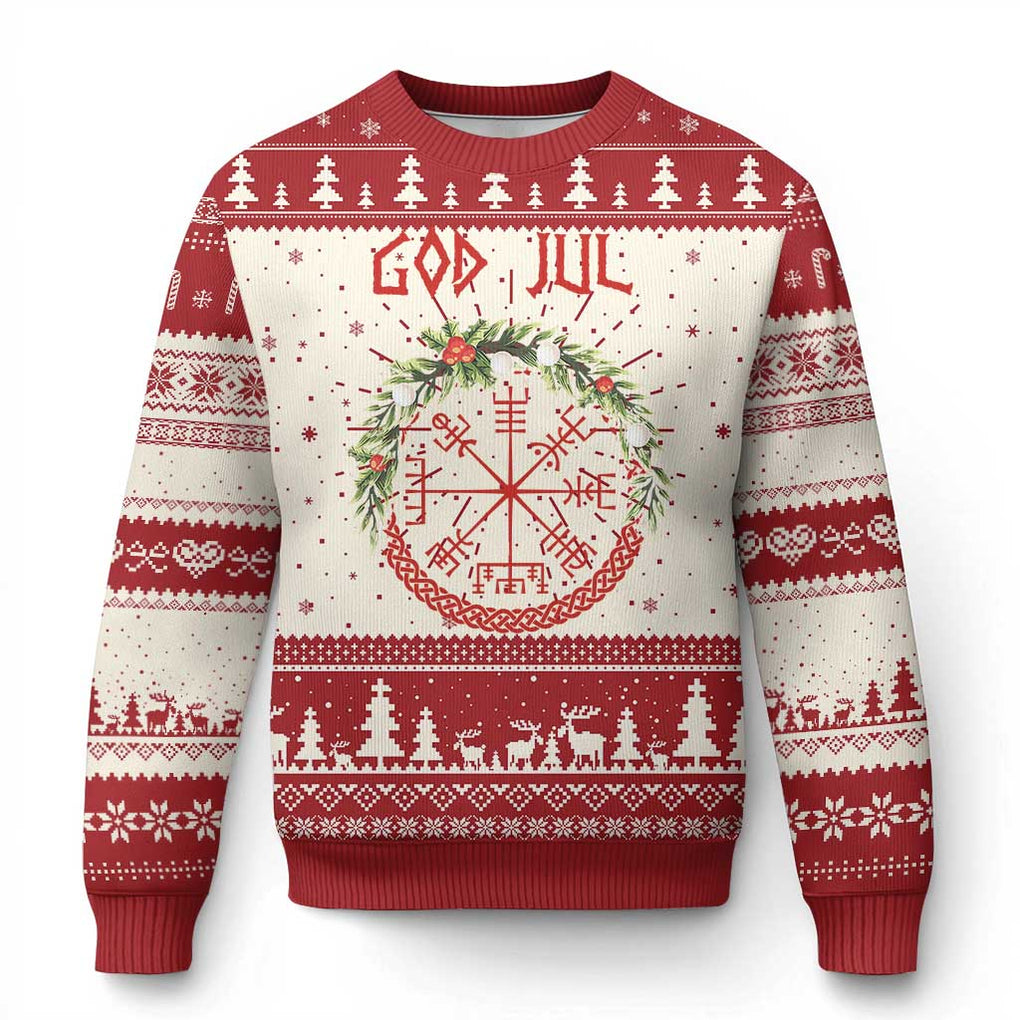 Yule Pagan Ugly Christmas Sweater God Jul Christmas Nordic Vegvisir Wreath TS11 Red Print Your Wear
