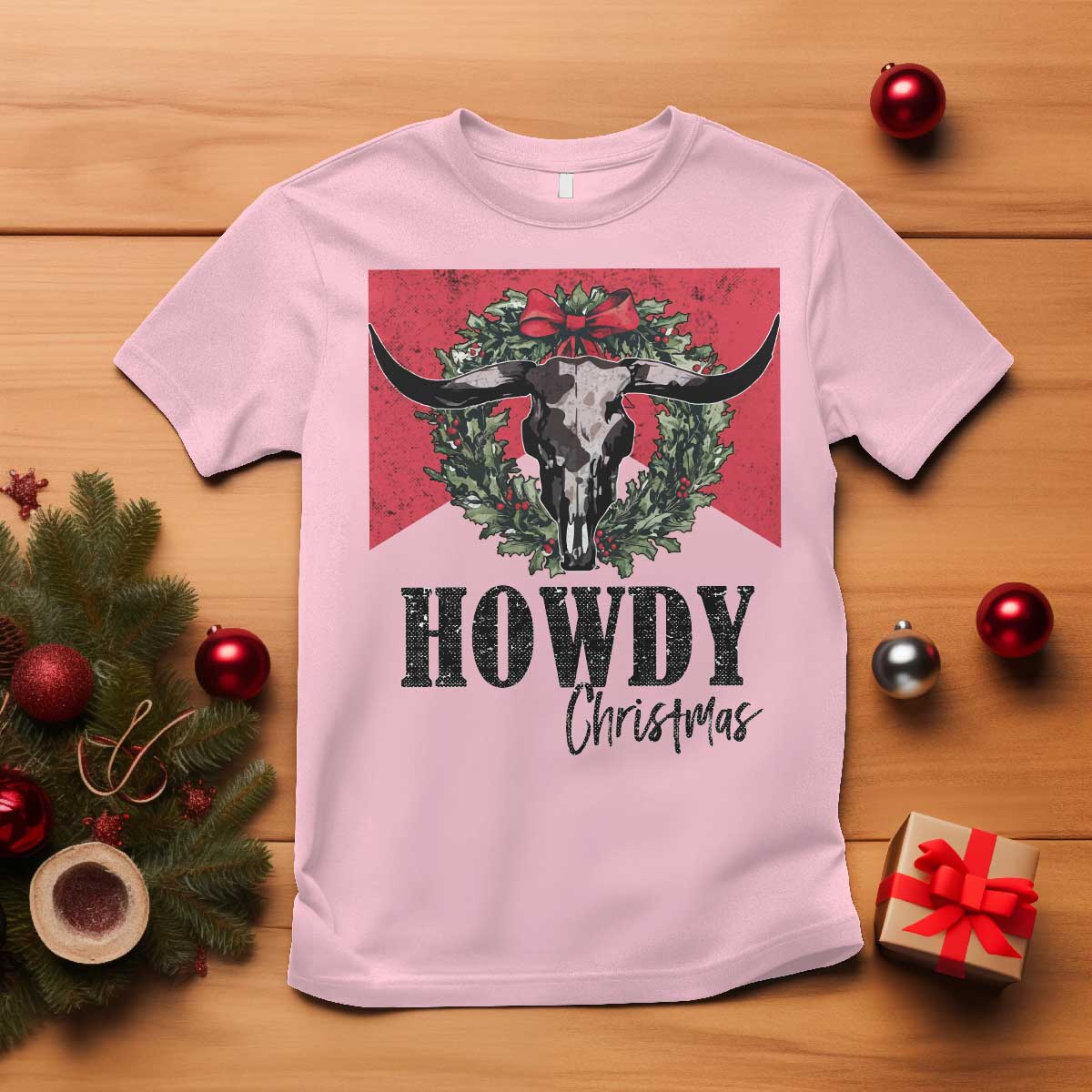 Western Howdy Christmas T Shirt Longhorn Skull Xmas Wreath TS11 Light Pink Print Your Wear