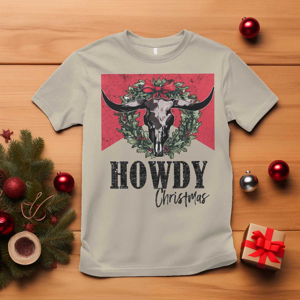 Western Howdy Christmas T Shirt Longhorn Skull Xmas Wreath TS11 Sand Print Your Wear