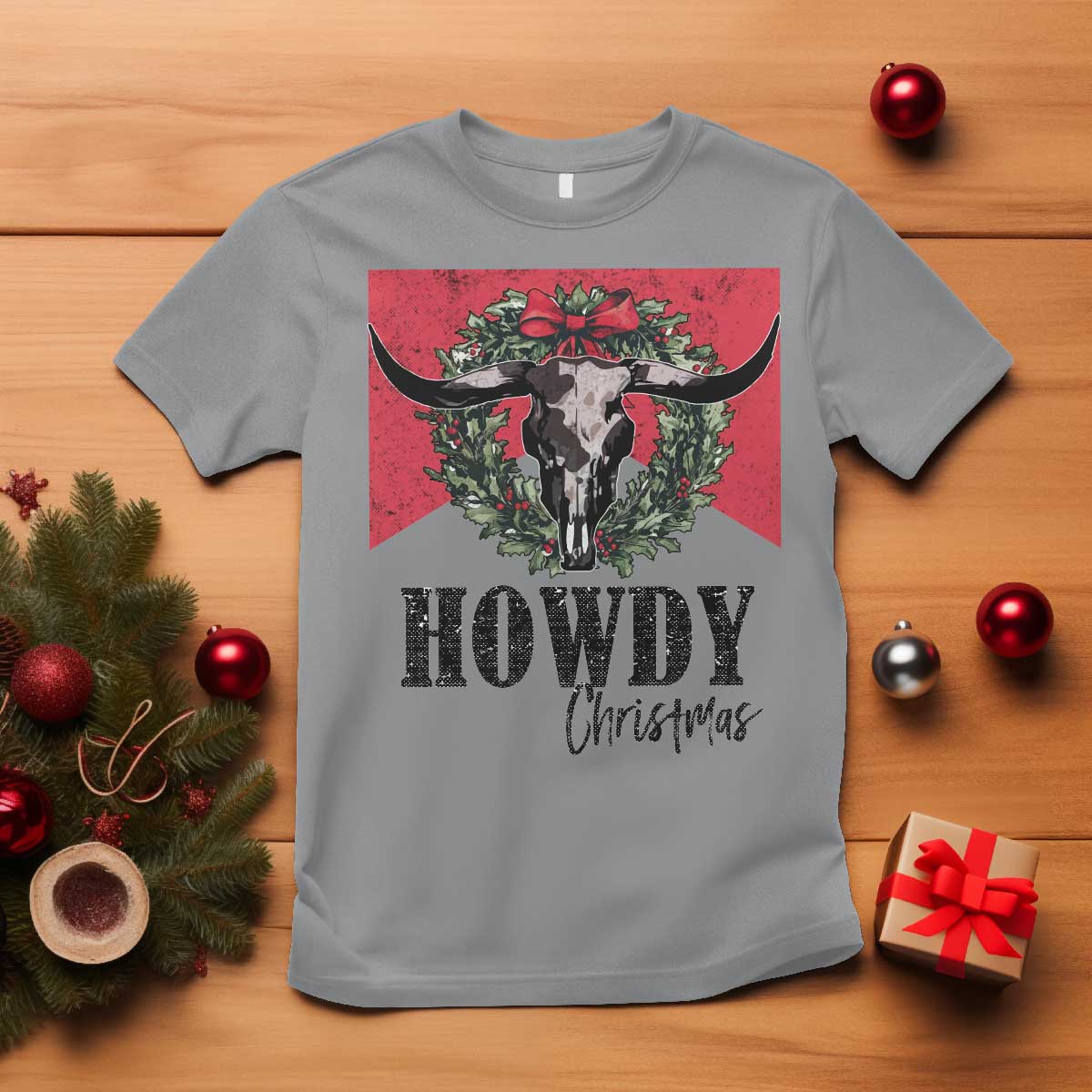 Western Howdy Christmas T Shirt Longhorn Skull Xmas Wreath TS11 Sport Gray Print Your Wear