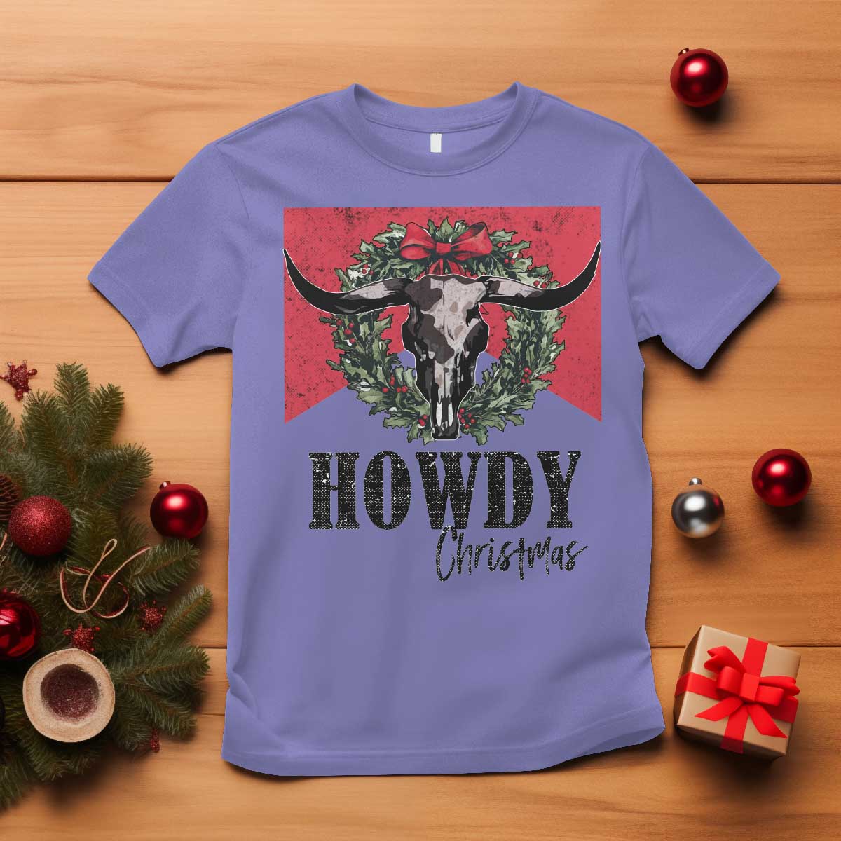 Western Howdy Christmas T Shirt Longhorn Skull Xmas Wreath TS11 Violet Print Your Wear