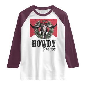 Western Howdy Christmas Raglan Shirt Longhorn Skull Xmas Wreath TS11 White Maroon Print Your Wear