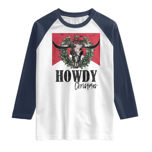 Western Howdy Christmas Raglan Shirt Longhorn Skull Xmas Wreath TS11 White Navy Print Your Wear