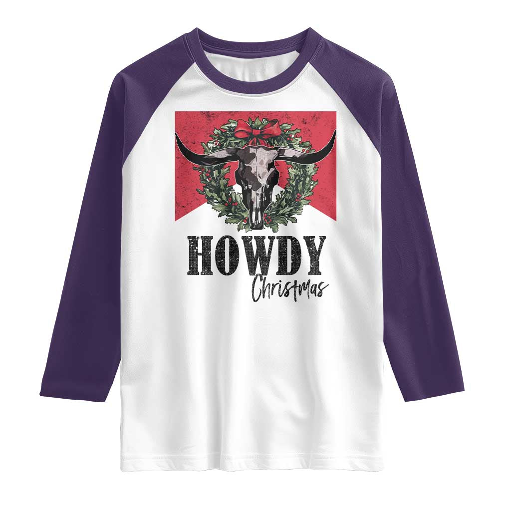 Western Howdy Christmas Raglan Shirt Longhorn Skull Xmas Wreath TS11 White Purple Print Your Wear