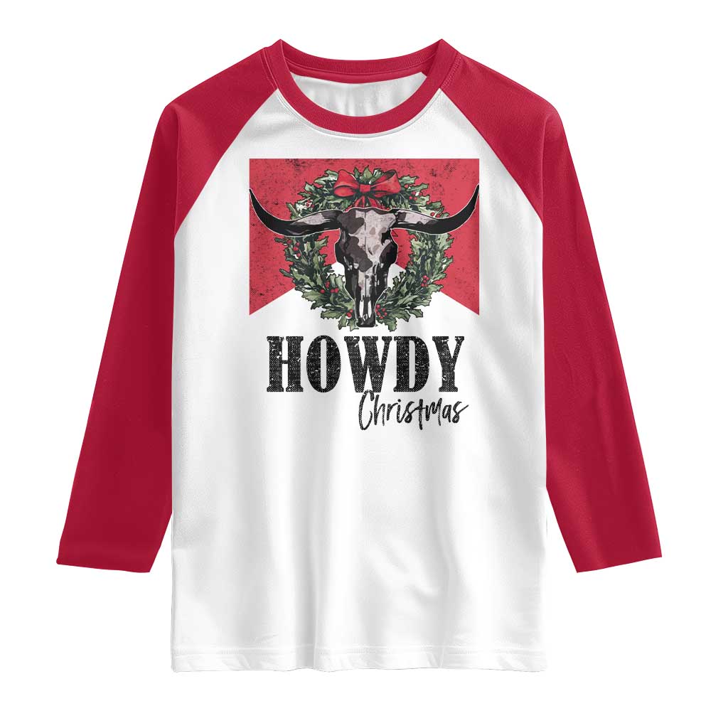 Western Howdy Christmas Raglan Shirt Longhorn Skull Xmas Wreath TS11 White Red Print Your Wear