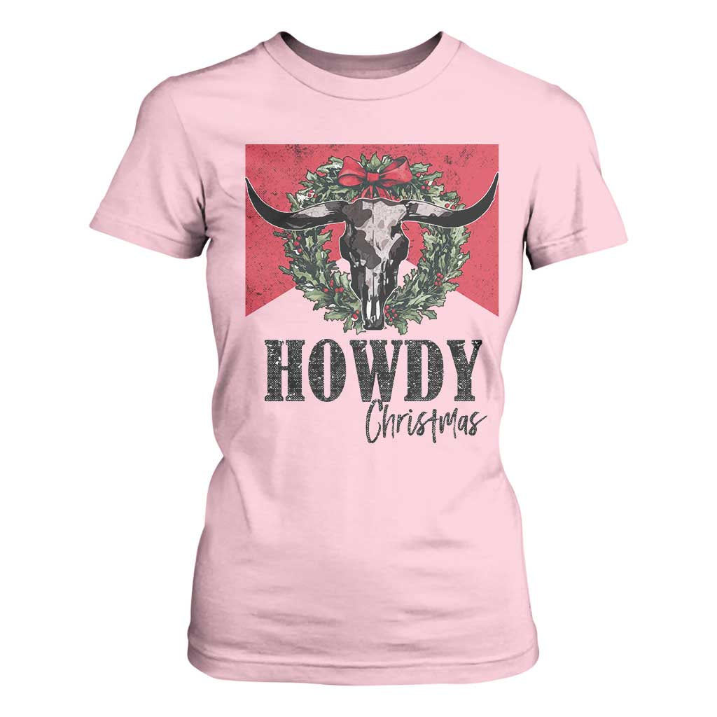 Western Howdy Christmas T Shirt For Women Longhorn Skull Xmas Wreath TS11 Light Pink Print Your Wear