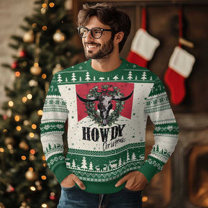 Western Xmas Ugly Christmas Sweater Howdy Christmas Cow Skull Xmas Wreath TS11 Green Print Your Wear