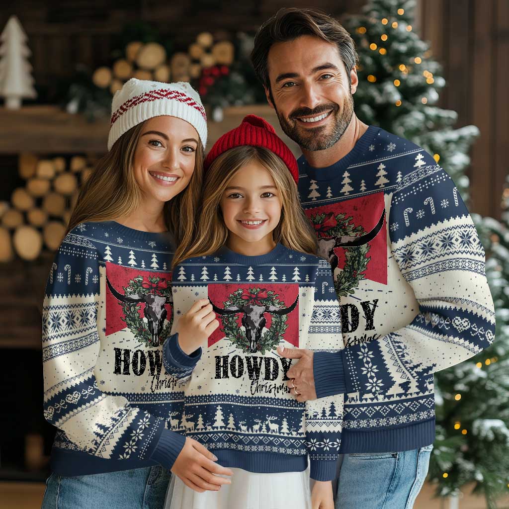 Western Xmas Ugly Christmas Sweater Howdy Christmas Cow Skull Xmas Wreath TS11 Navy Print Your Wear