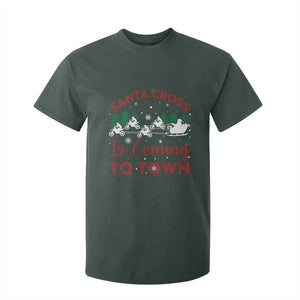 Funny Christmas Dirt Bike T Shirt For Kid Santa Cross Is Coming To Town Motorcross TS11 Dark Forest Green Print Your Wear